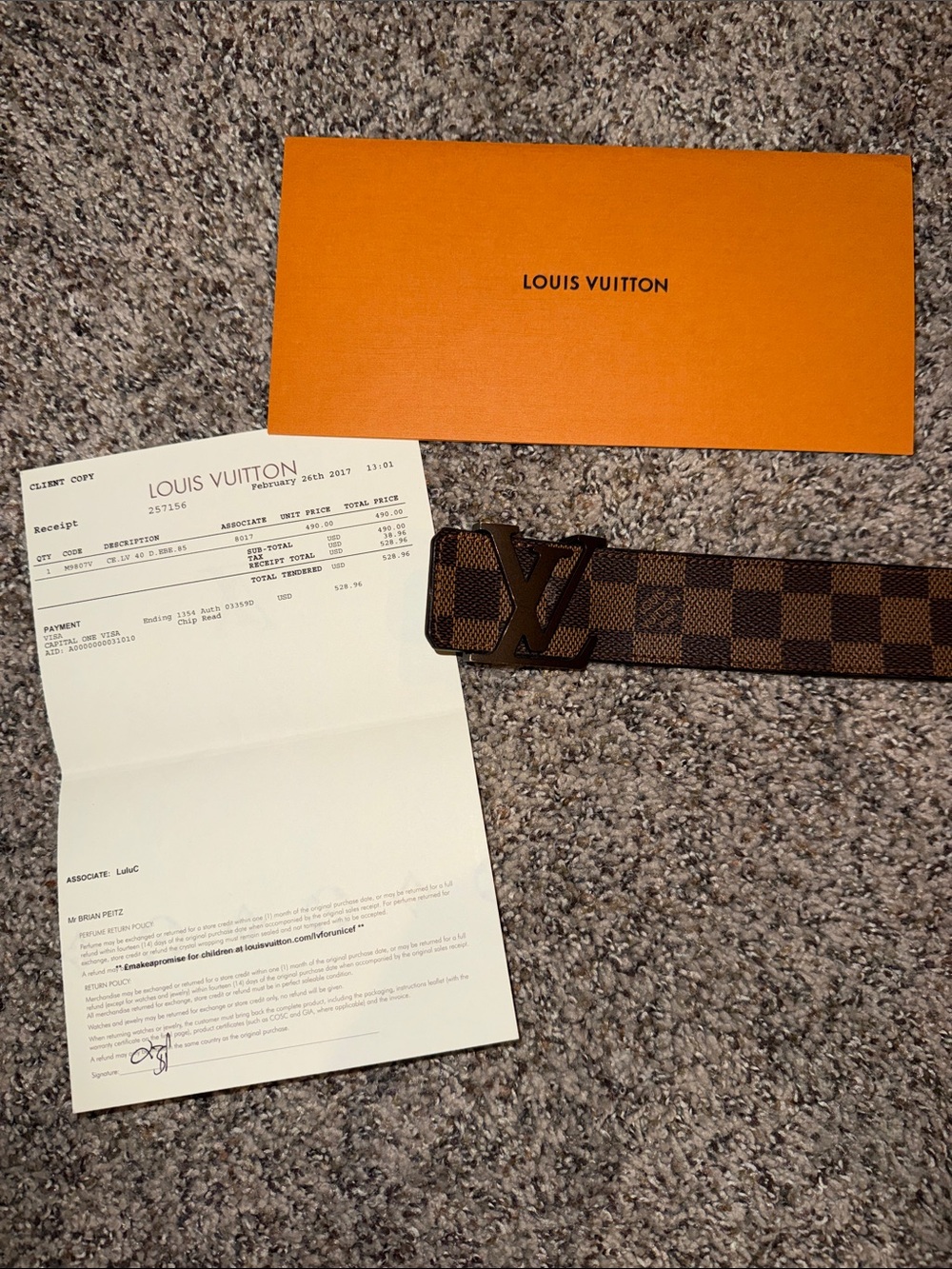 Louis Vuitton Brown Damier Canvas Belt with Dark LV Buckle